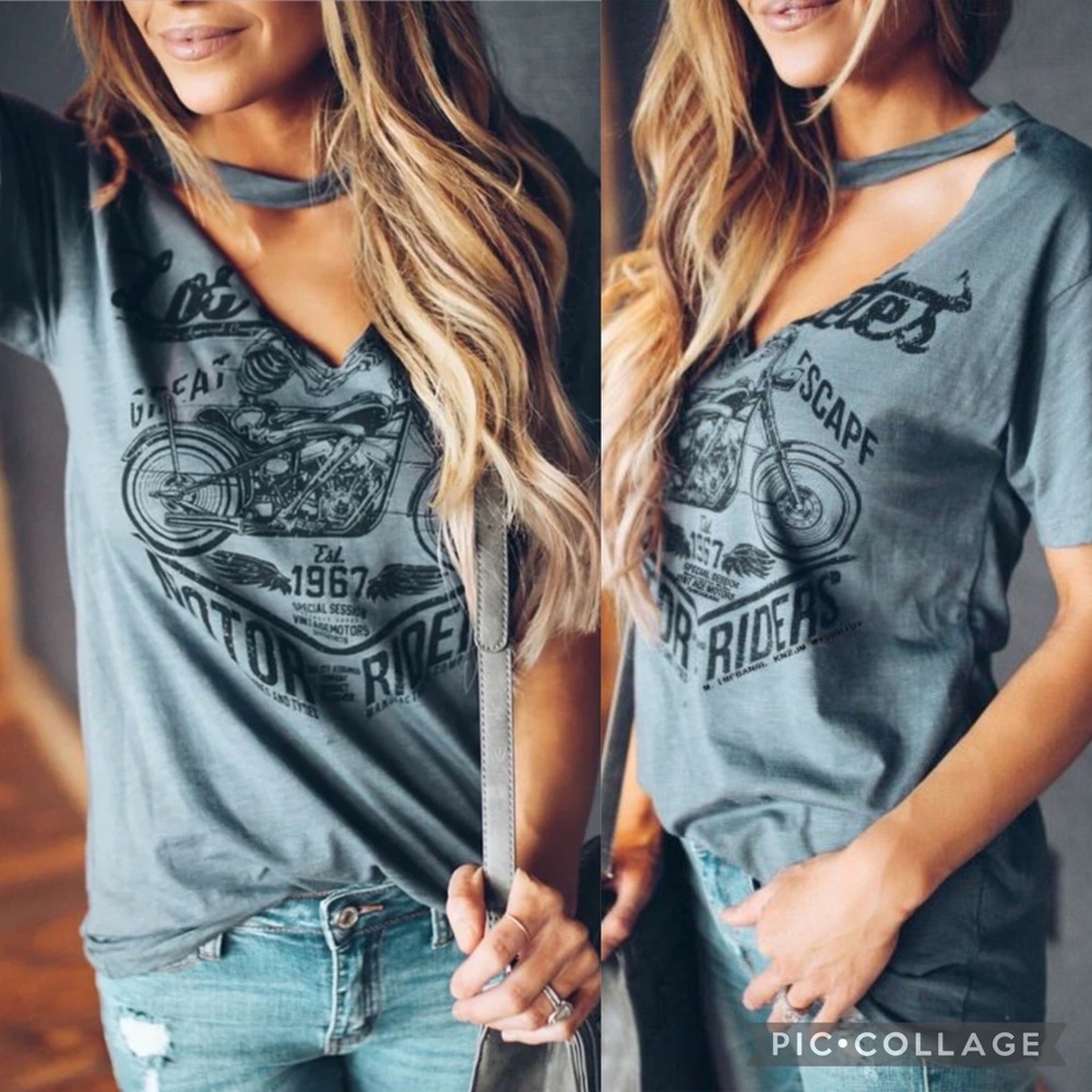 GRAY Motorcycle Printed Halter V-Neck Short Sleeve
Graphic Tee New - Picture 1 of 2